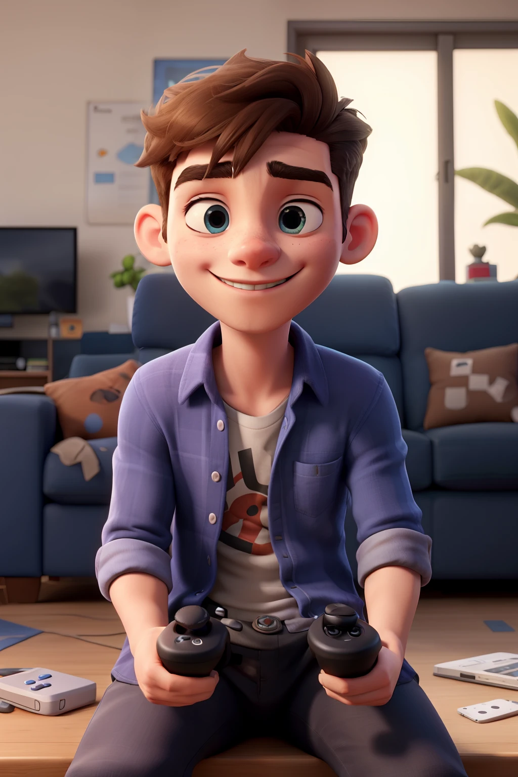 Draw a young gamer lying relaxed on a sofa, eyes half-closed and a slight smile on his face, clearly deep in thought. He is holding a video game controller, that's resting on your chest. Beside him, there is a coffee table with some snacks and a can of soda. Suddenly, an expression of excitement comes over his face as he remembers something really cool that makes him sit down quickly, looking excitedly at the television screen or monitor in front of you.