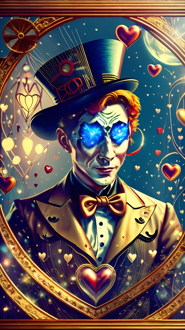 Pierrot oil painting intricate cyber clown in love,big colorful steampunk top hat a tear in the right eye, cunning in the nostalgic look, mix of vintage and technological futuristic, dreamlike, surrealism, big red heart inside a glass box in the hands, circus background with Worn canvas an abstract backdrop, intricate details, 3D rendering, octane rendering.