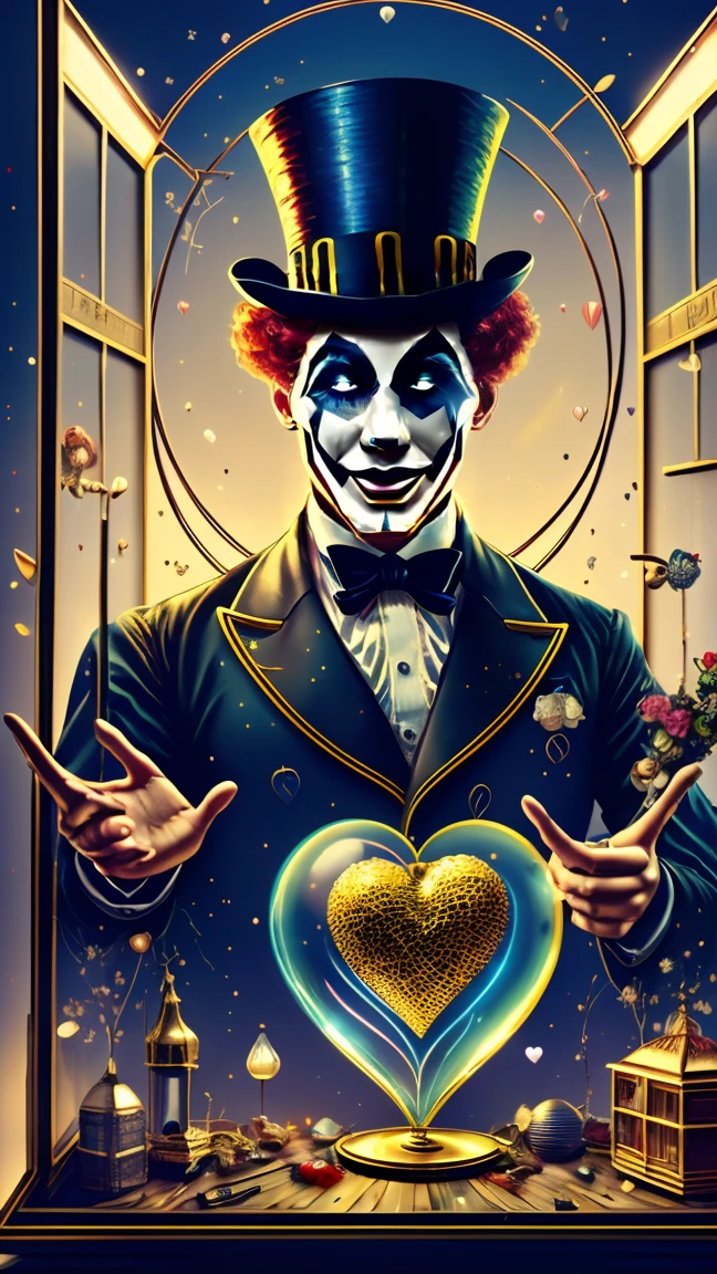 Pierrot oil painting intricate cyber clown in love,big colorful steampunk top hat a tear in the right eye, cunning in the nostalgic look, mix of vintage and technological futuristic, dreamlike, surrealism, big red heart inside a glass box in the hands, circus background with Worn canvas an abstract backdrop, intricate details, 3D rendering, octane rendering.