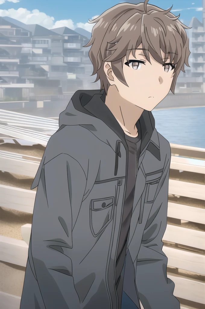 azusagawa sakuta, 1boy, male focus, solo, brown hair, brown eyes, upper body, looking at viewer, cloud, blue sky, closed mouth, black coat, outdoors, long sleeves, hood down,