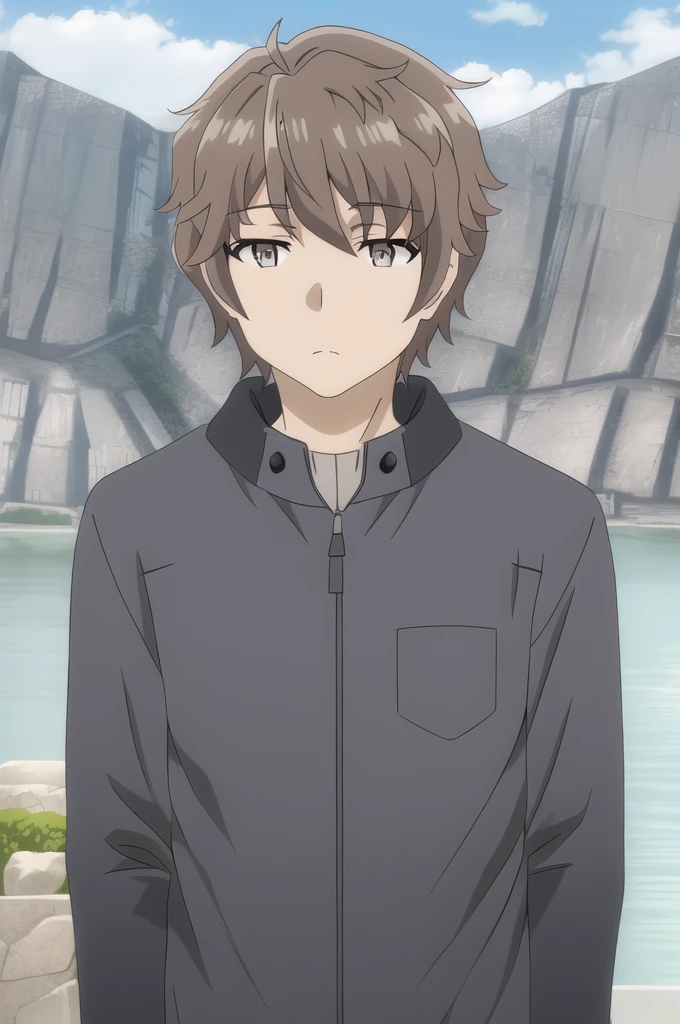 azusagawa sakuta, 1boy, male focus, solo, brown hair, brown eyes, upper body, looking at viewer, cloud, blue sky, closed mouth, black coat, outdoors, long sleeves, hood down,