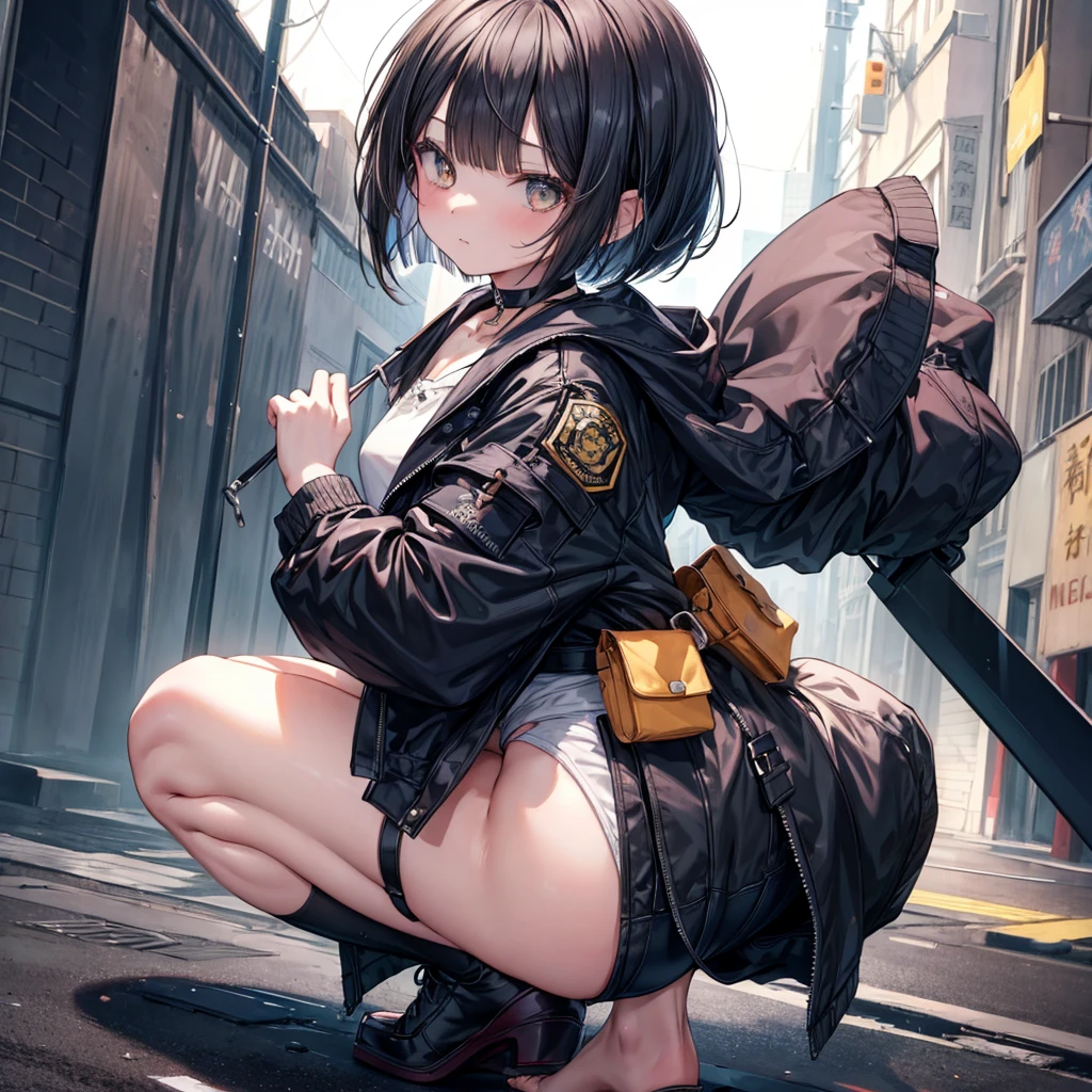 ((Highest quality)), ((masterpiece)), (detailed), 1girl, 独奏, bob cut, sliced bob, jacket, micro shorts, choker, squatting, expressionless, from below, ass pov