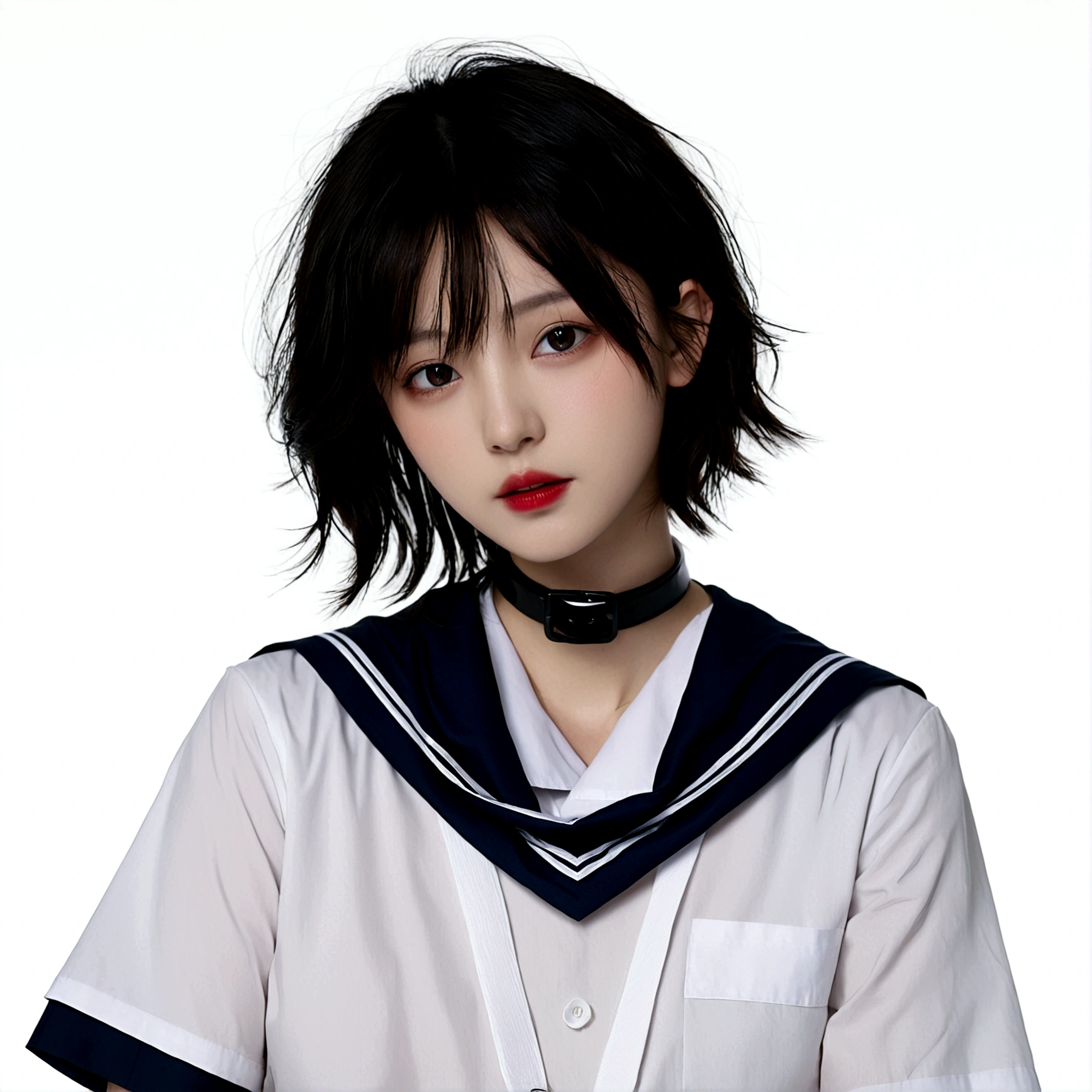 1girl, solo, looking at viewer, short hair, bangs, simple background, shirt, black hair, white background, hair between eyes, school uniform, white shirt, upper body, short sleeves, parted lips, serafuku, choker, sailor collar, black eyes, collar, neckerchief, red neckerchief, black sailor collar, black collar, belt collar