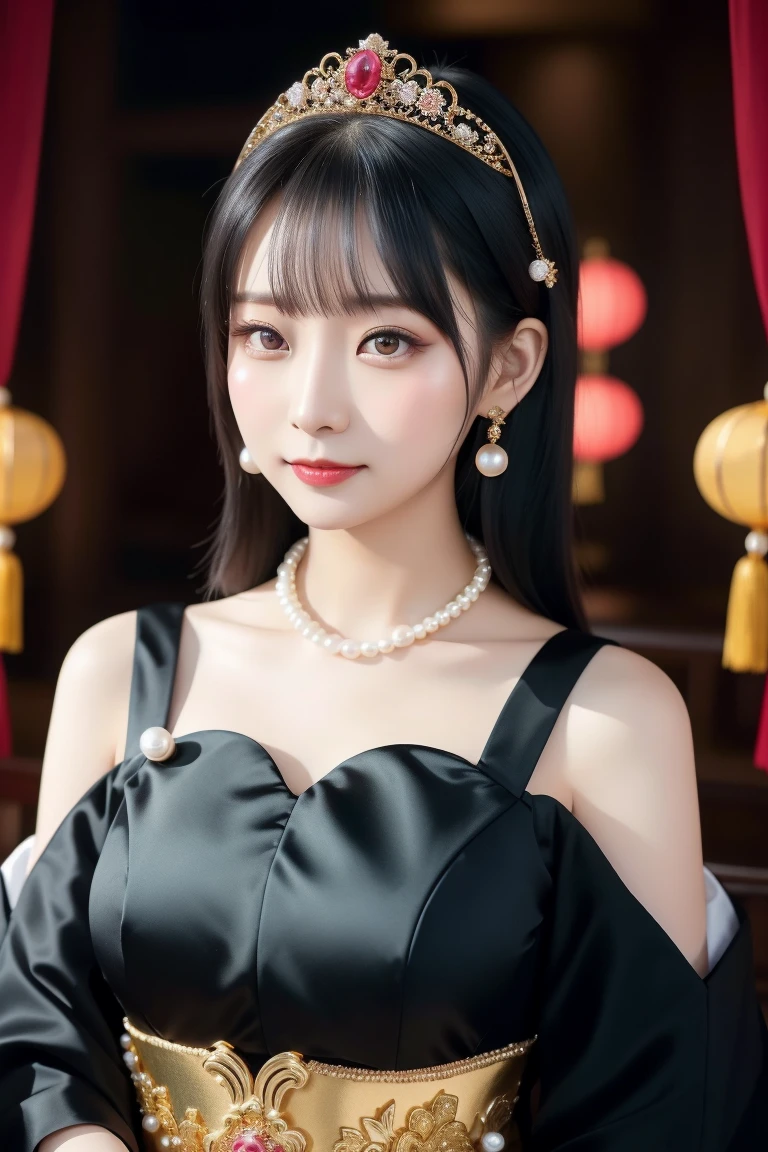 There is a woman wearing a Chinese dress, 27 years old, 28 years old, 29-year-old, 32 years old, Delicate makeup, Ye Wen, 23 years old, Round face, Cute Liane, Gold Tiara, Pearl Necklace, Jade hairpin((Highest quality)), ((masterpiece)), (detailed), One girl, sexy
