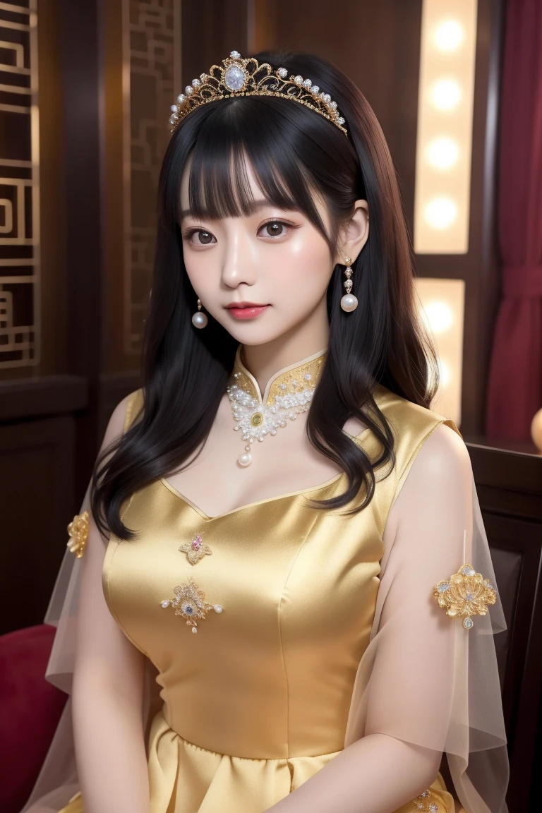 There is a woman wearing a Chinese dress, 27 years old, 28 years old, 29-year-old, 32 years old, Delicate makeup, Ye Wen, 23 years old, Round face, Cute Liane, Gold Tiara, Pearl Necklace, Jade hairpin((Highest quality)), ((masterpiece)), (detailed), One girl, sexy
