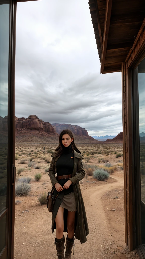 a tall girl in a gloomy post-apocalyptic wasteland, discreet lighting, dark shadows, subtle highlights, mysterious aura, panoramic photography, wide-angle perspectives, breathtaking landscapes of a red rock canyon, view from a wooden shack, view of a warehouse window with boxes of ammunition and tank shells in the foreground, best quality, 8k, ultra-detailed, masterpiece, photorealistic
