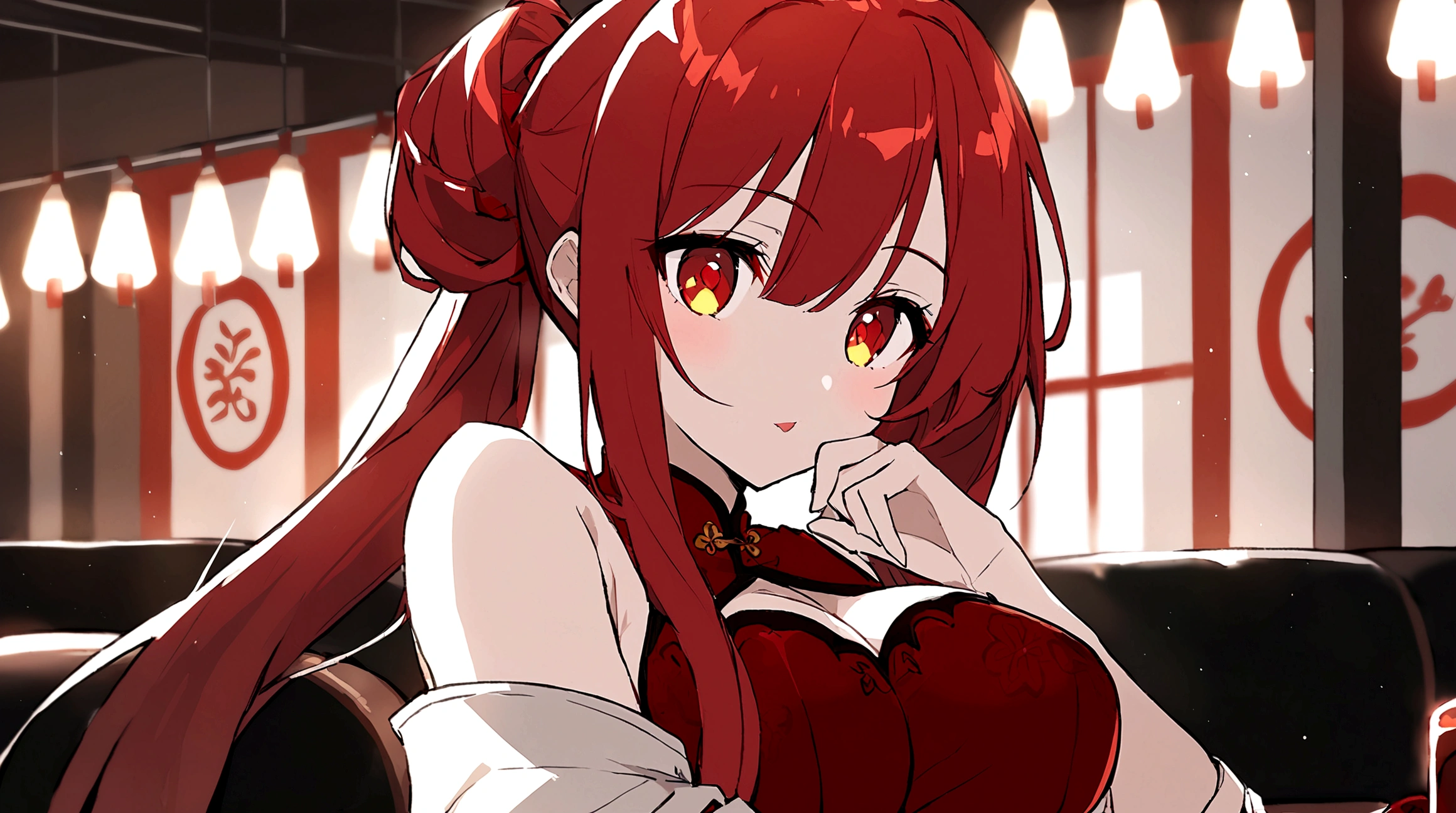 Uma personagem chibi usando chinese outfit. she has long red hair. She has RED AND GOLDEN eyes. She has big breasts. White background