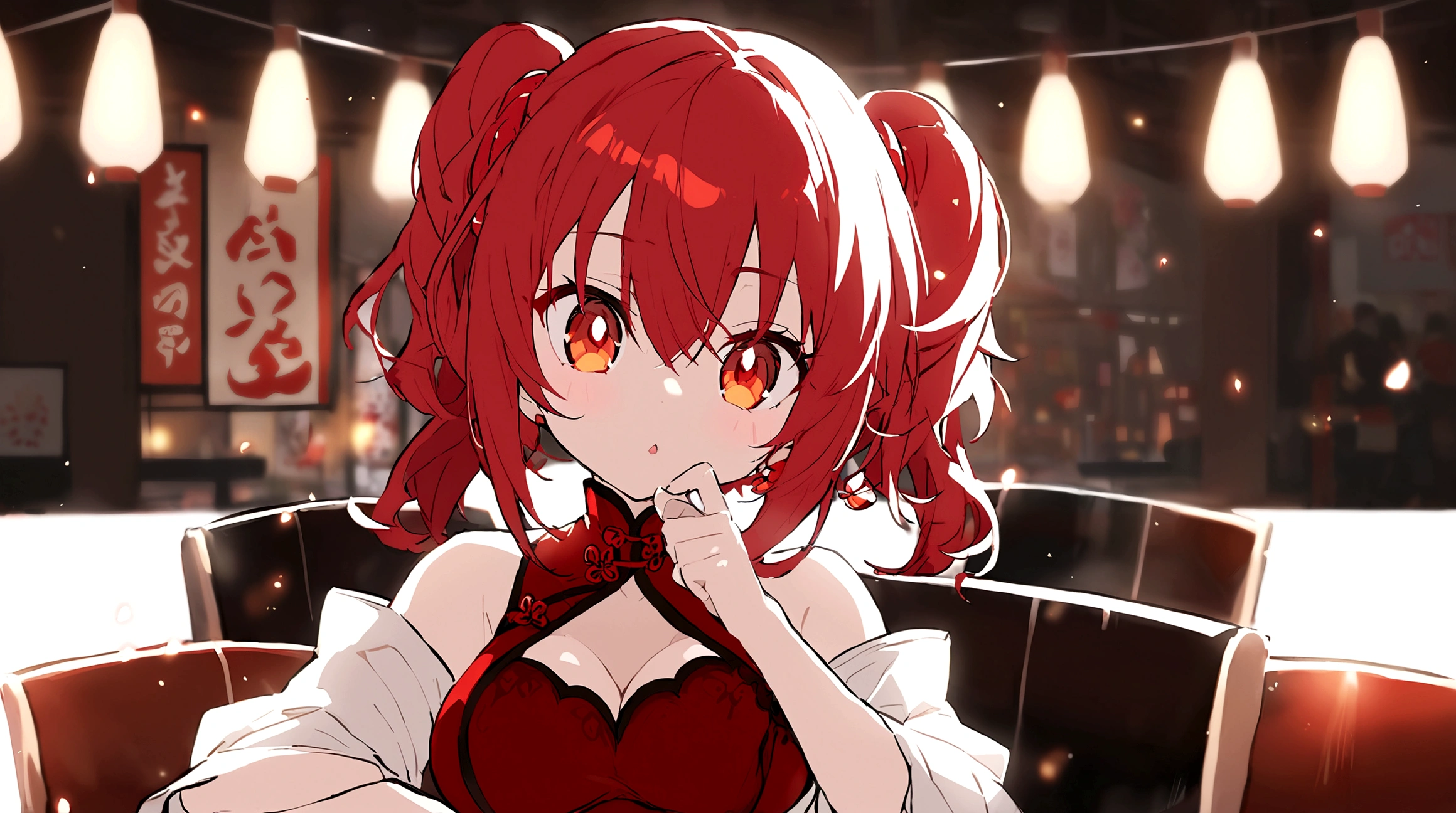 Uma personagem chibi usando chinese outfit. she has long red hair. She has RED AND GOLDEN eyes. She has big breasts. White background