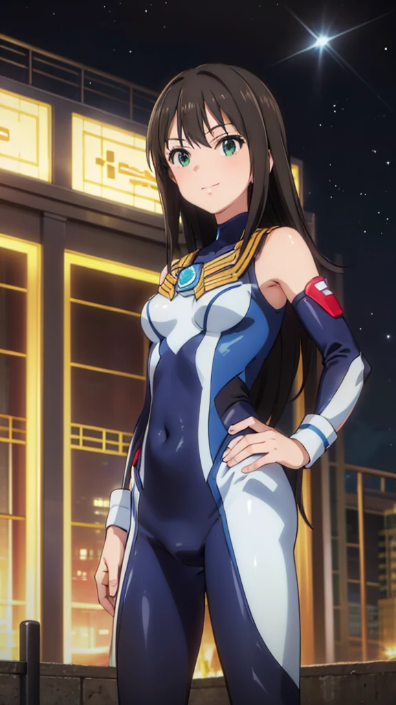 (​masterpiece、top-quality、in 8K、hight resolution:1.2)、Alone、1girl in、 Rin Shibuya、taut clothes、cowboy  shot、Look at viewers、A slight smil、Hero Suit、body suit、tight suit pose、Trained abs、Trained biceps、(nffsw :1.0）、 Blue Ultraman Bodysuit、glowing gemstone on the chest、（Buildings:1.2)、nighttime scene