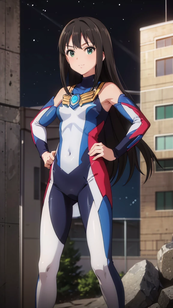 (masterpiece、Highest quality、In 8K、High resolution:1.2)、alone、One Girl、 Rin Shibuya, smile、Tight clothes、Cowboy Shot、Hands on hips、Look at the viewers、smile、Hero Suit、Bodysuits、Tight suit、(Hmph :1.0), ウルトラマンBodysuituscular、Trained abdominal muscles、Trained biceps、Shining jewel on the chest、(building:1.2)、Night Scenery