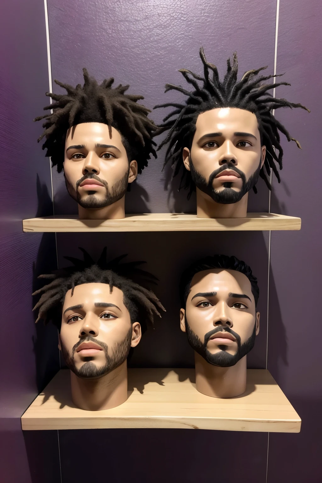 shelf with realistic sculptures with different versions of the face of Canadence the Weeknd with purple background