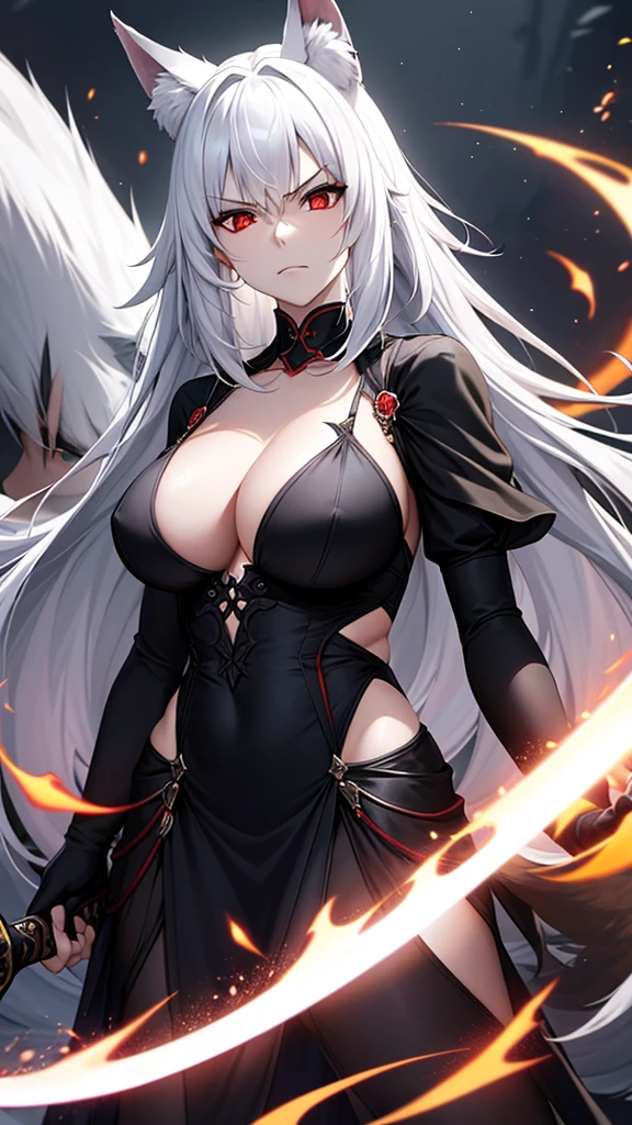 An adult woman half fox and wolf, wide breasts, red eyes, white hair, very angry, in a black little open dress, holding a sword