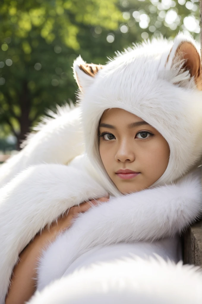(masterpiece,best quality,Super detailed,Perfect anatomical structure),Detailed background,Empty,hairy,cannon, ,Clear focus,白色tiger,By Empty Ghost, rest 阳光,External,campus, Solitary,Solitary ,male,male ,human nature,Cat,tiger,muscular,rest (White fur:1.5,White body:1.5),looking at the audience,Delicateeyes, Dressed,Casual clothing is acceptable when the weather is nice,Golden pupils