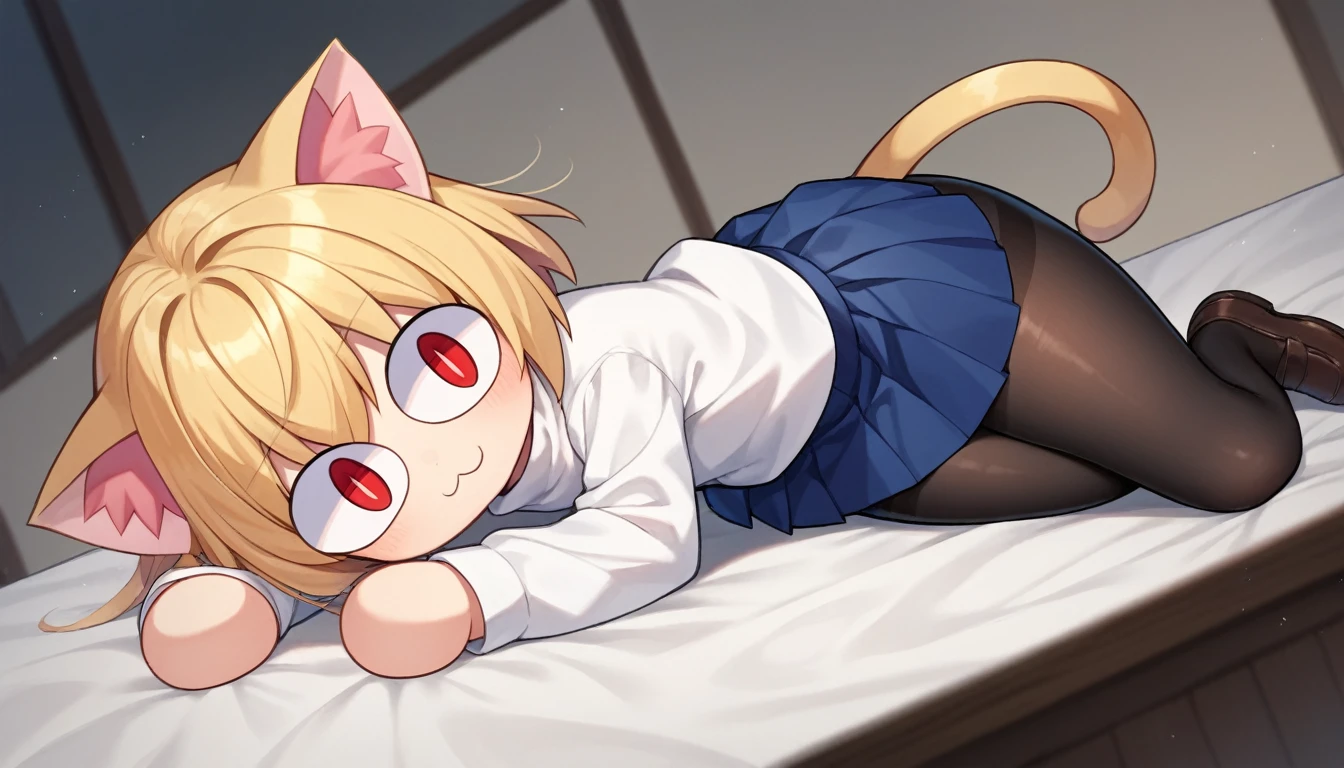 score_9, score_8_up, score_7_up, score_6_up, score_5_up, score_4_up, BREAK, 1boy, solo, necoarc, lit pupils, cat ears, blonde hair, red eyes, :3, turtleneck, blue skirt, pleated skirt, pantyhose, brown footwear, highlight thighs, thick thighs, neco arc pose, looking at the viewer 