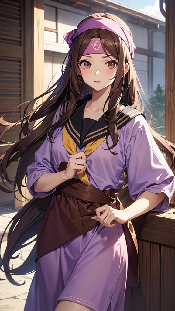 An anime girl in a lavender Clan outfit, with long, loose brown hair and brown eyes and a bandana on her forehead 