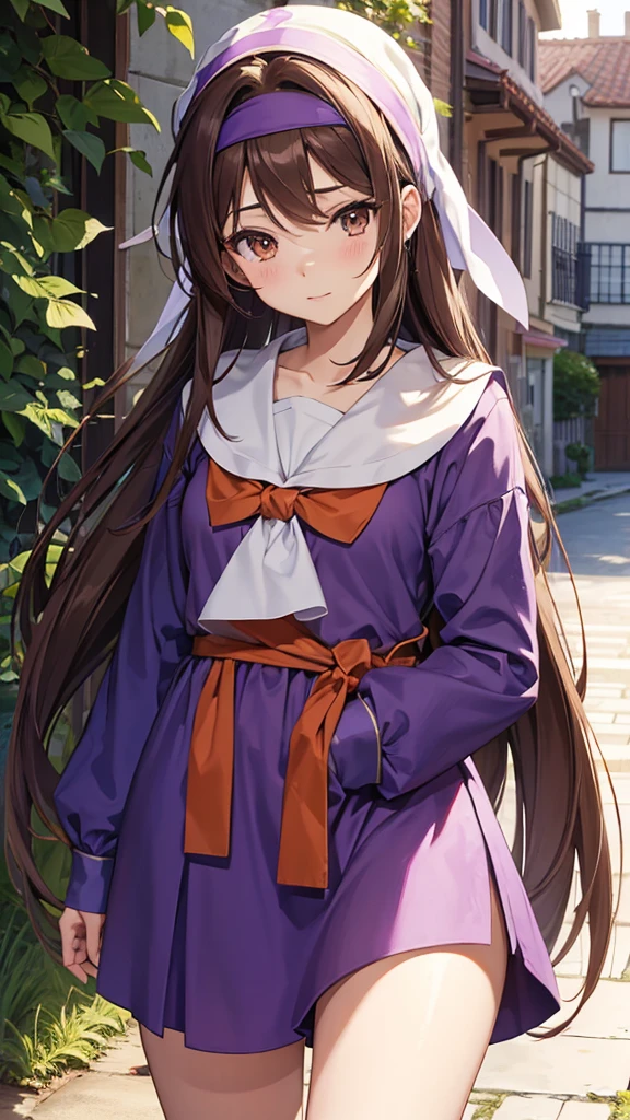 An anime girl in a lavender Clan outfit, with long, loose brown hair and brown eyes and a bandana on her forehead 