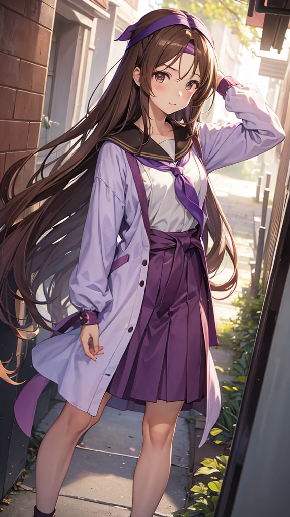 An anime girl in a lavender Clan outfit, with long, loose brown hair and brown eyes and a bandana on her forehead