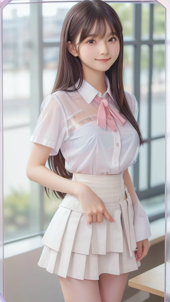 ((SFW: 1.4)), ((SFW, , Collared shirt, (Transparent white shirt:1.5),Short sleeve, tie, (Very short skirt:1.5), smile, at school, 1 Girl)), Ultra-high resolution, (Genuine: 1.4), RAW Photos, Highest quality, (photoGenuineistic), concentrated ,Soft Light,(()),((Japanese)),(((Young Face))),(surface),(Depth of written boundary),masterpiece,(PhotoGenuine),woman,bangs,( (1 Girl),Long Hair,Photographed from the knees up、(Pink nipples are showing through:1.3),Lift up your skirt、White lace panties、I can see her panties、