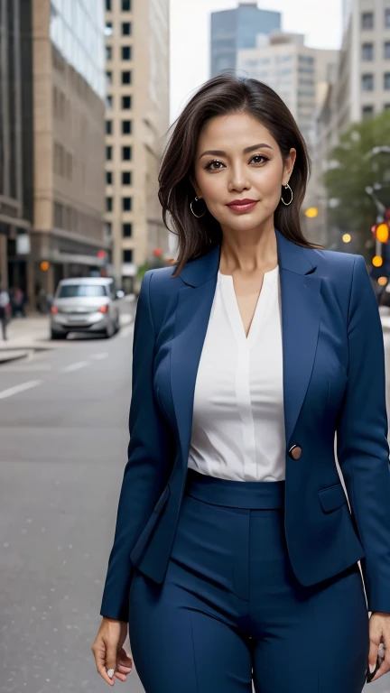 (8k, RAW Photos, highest quality, masterpiece: 1.2), (Realistic, photoRealistic: 1.37), one mature Woman in a suit standing on the sidewalk, Cityscape, Day, Sunny Morning, Professional Lighting, Photon Mapping, Radio City, Brazilian Women, Torn, shirt, Woman in a suit, Silk Suit,The best smile:1.5,Silver Hair:1.5,big tits,