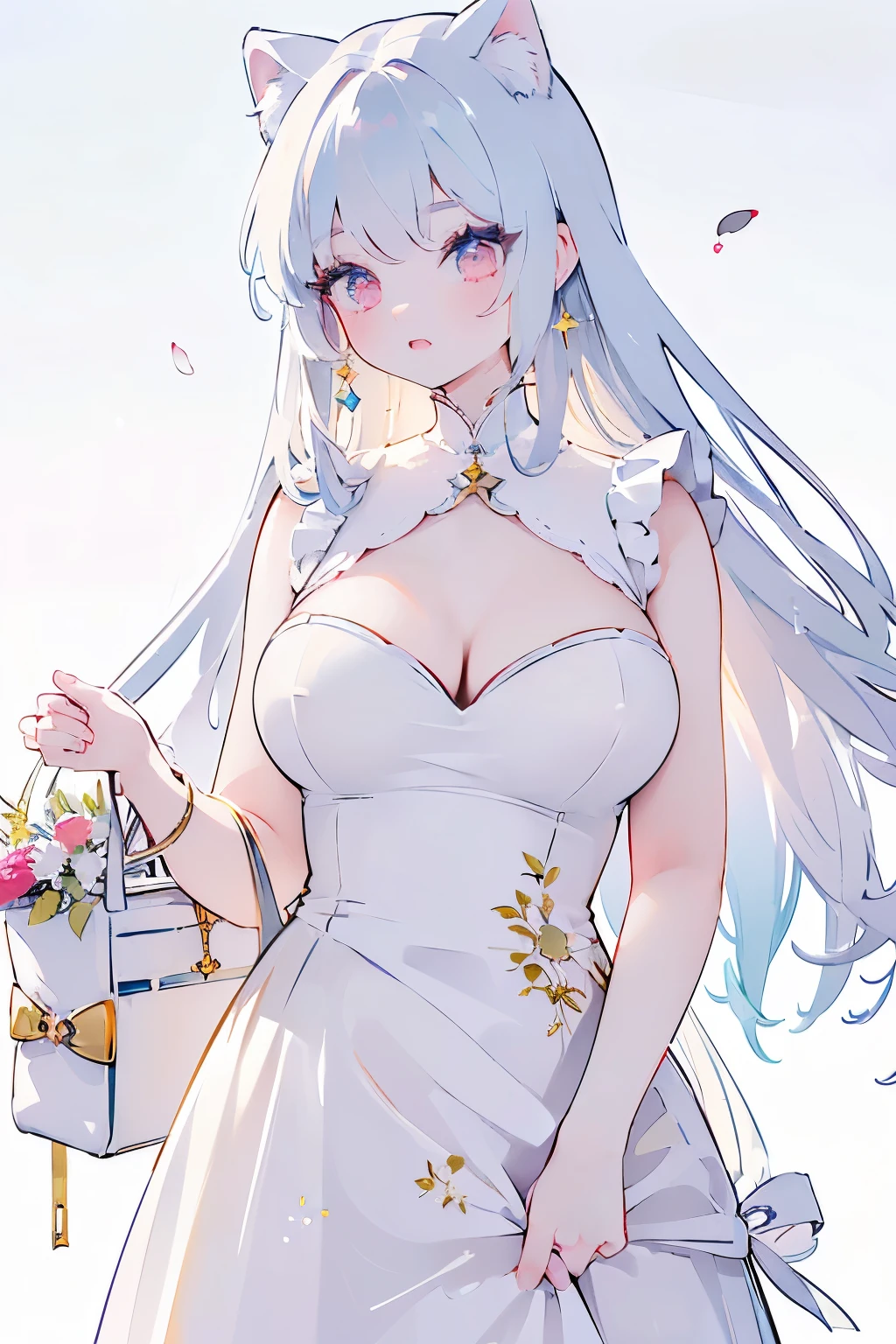Tsundere 18 year old girl, beautiful and delicate eyes, beautiful lips, very detailed 눈과 얼굴, long eyelashes, 1girl, white cat ears, foot long bag, Front view, Red-eye, (top quality, 4K, 8K, high resolution, masterpiece:1.2), very detailed, (realistic인, realistic인, realistic인, realistic인, realistic: 1.37), very large breasts, elegant, fantasy, white background, showing cleavage,sexy