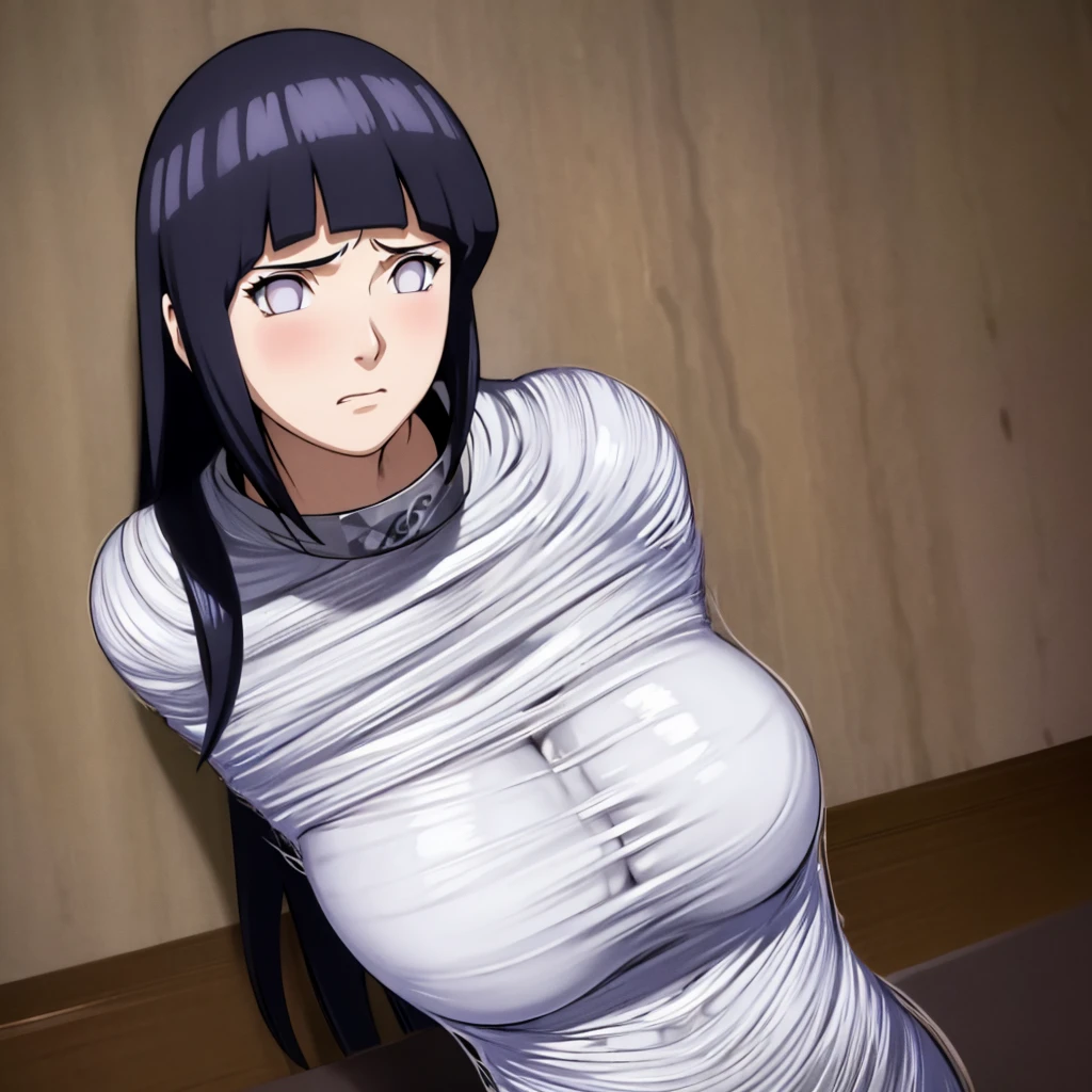 masterpiece, best quality, 1girl, solo, looking at viewer, hinata\(shippuden\), length hair, messy hair，large breasts , breasts out, (arms behind back:1.4), hanging,spiders in the web,long spider, Hinata, desperate，mouth gagged, silk gagged, struggle, entangled, angry face, despair,cocoon, blushing face, (men touching her), touching breasts, (((pov hand squeezing breasts))),