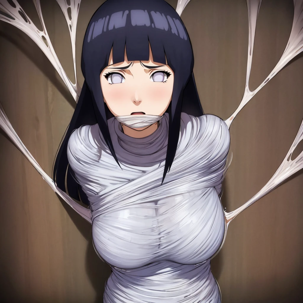 masterpiece, best quality, 1girl, solo, looking at viewer, hinata\(shippuden\), length hair, messy hair，large breasts , breasts out, (arms behind back:1.4), hanging,spiders in the web,long spider, Hinata, desperate，mouth gagged, silk gagged, struggle, entangled, angry face, despair,cocoon, blushing face, (men touching her), touching breasts, (((pov hand squeezing breasts))),