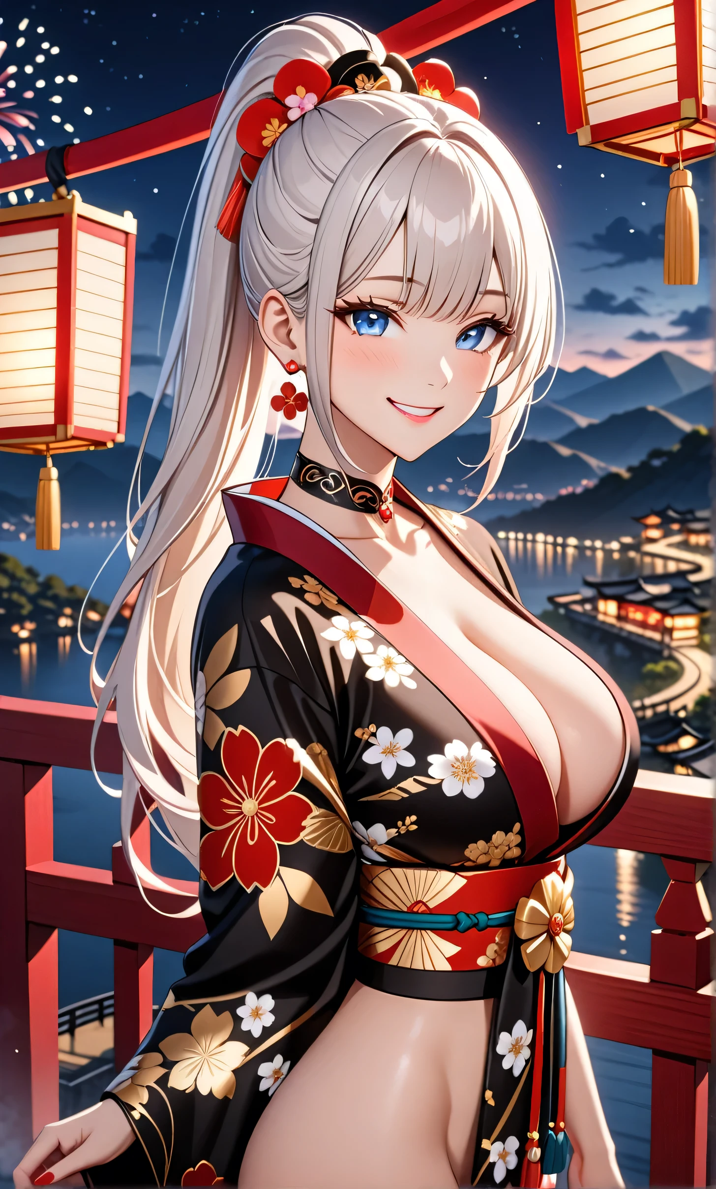 ultra-detailed, ((one girl)), hyper detailed, absurdres, 8K, Beautiful Face, Beautiful woman in black kimono, (Laugh shyly), ((teasing smile:1.8)), ((Wink:1.6)), (Laugh with your mouth wide open),(Tilt your head:1.3), View your viewers, ((Bright red cheeks:1.6)),Glossy Red Lips, ((Big Breasts:1.5)), (valley),night, You can see the sea horizon,On Bridge, firework, (Brighten your face), Woman in black kimono, ((Anime style background)),masterpiece, Highest quality, so beautiful,Latest, Complex details, (Pink long nails), (nail art), (ring),(bracelet), (Floral Choker),AI-generated, Complex,High resolution, Highest quality, super high quality,3D Images、3D Images,One person,((Long white hair)),(High Ponytail), Anime woman posing for a photo, ((Fine grain、blue eyes、glowing eyes:1.5)), (Squint your eyes:1.1),a hyperRealistic , hyperRealistic , Realistic, White long hair anime woman, Smooth anime CG art, A girl in a gorgeous kimono with gold embroidery, ((black furisode:1.5),(Red large floral pattern) ,Long flower hair ornament,Floral Earrings,Mature Body, tall,Abdominal muscles,Narrow waist, ((arched back:1.9)), (front view),
