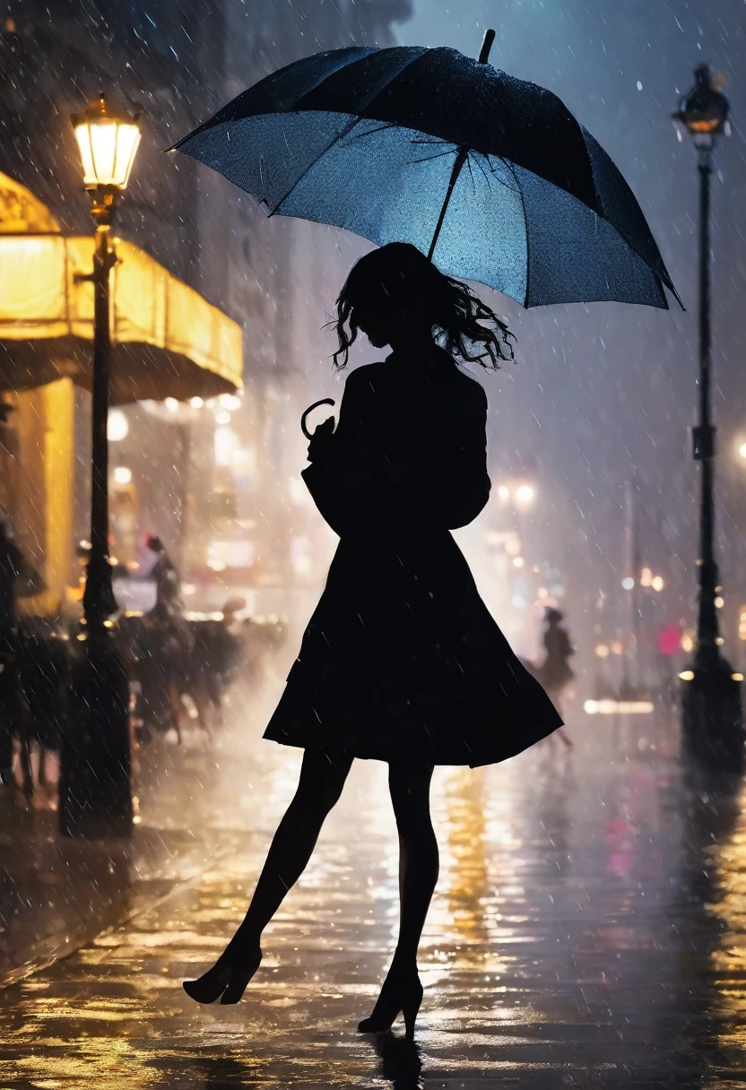 Vibrant, dynamic, carefree, joyful, mesmerizing, woman, dancing, rain, umbrella, city, night, streetlights, reflections, puddles, raindrops, mist, fog, soft, warm, golden, lighting, atmospheric, moody, cinematic, stunning, beautiful, captivating, enchanting, alluring, seductive, mysterious, dreamy, ethereal, whimsical, romantic, nostalgic, melancholic, introspective, emotive, expressive, artistic, creative, imaginative, vivid, colorful, detailed, realistic, high-quality, intricate, ornate, luxurious, refined, polished, sophisticated, 