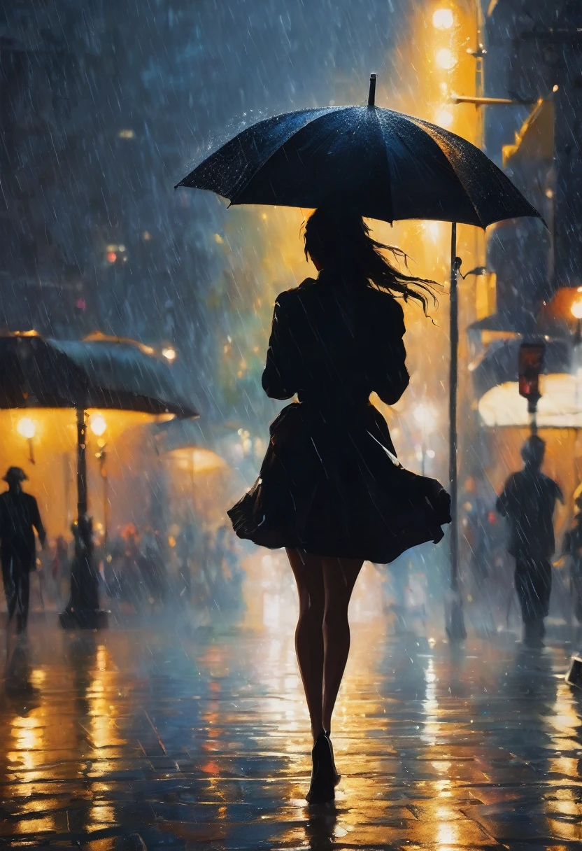 masterpiece, highly detailed, cinematic, 4k resolution, stunning, breathtaking, dramatic, Dancing in the Rain, impressionistic, woman, silhouette, cityscape, soft light, joyful, romantic, flowing hair, smiling, umbrella, streetlight, nostalgic, no blurry, no low resolution, no ugly, no deformed, no unrealistic, no cartoon, no anime