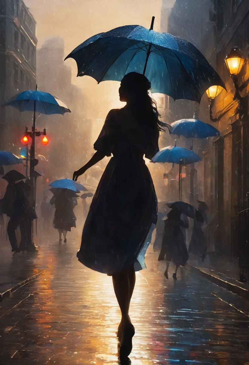 masterpiece, highly detailed, cinematic, 4k resolution, stunning, breathtaking, dramatic, Dancing in the Rain, impressionistic, woman, silhouette, cityscape, soft light, joyful, romantic, flowing hair, smiling, umbrella, streetlight, nostalgic, no blurry, no low resolution, no ugly, no deformed, no unrealistic, no cartoon, no anime