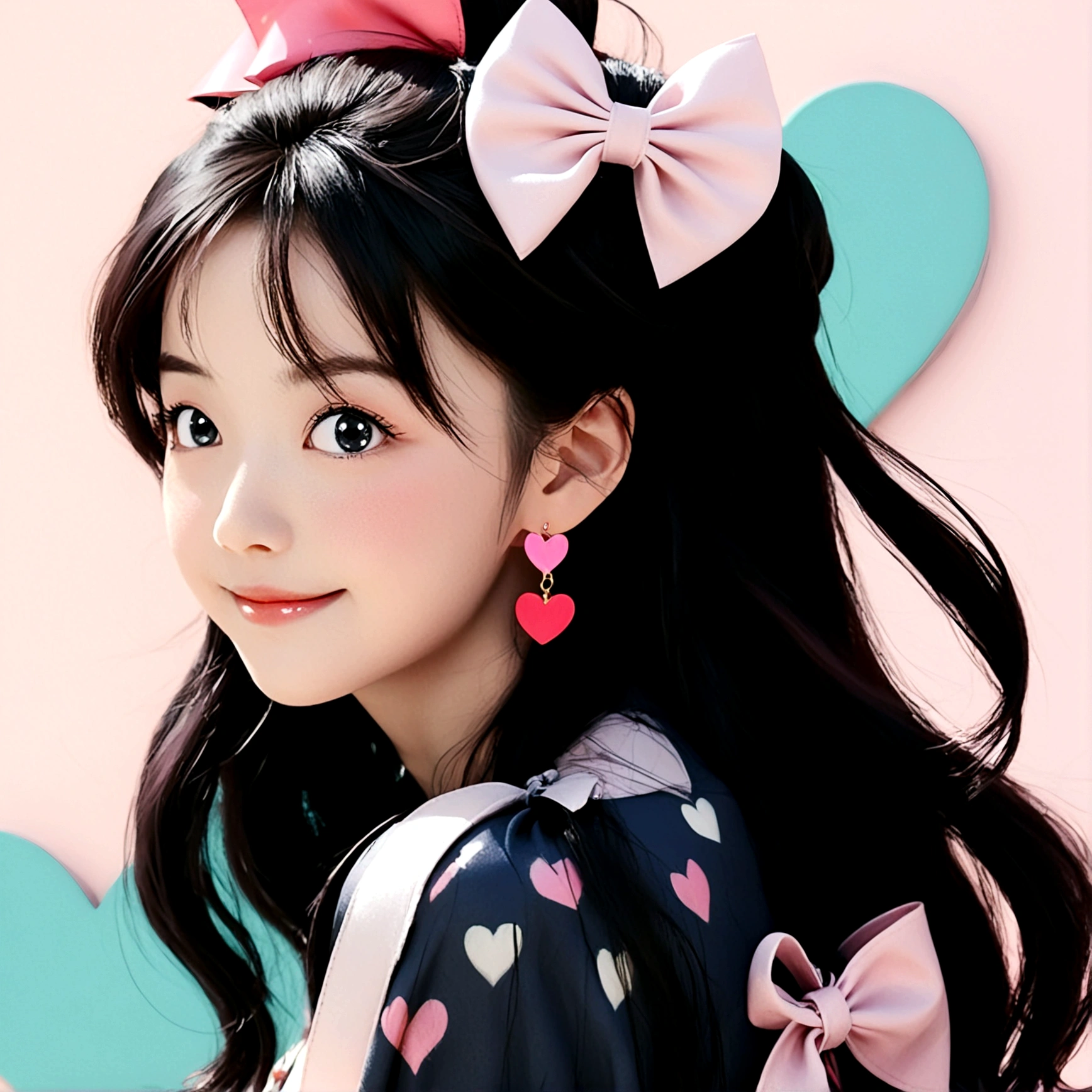 1girl, solo, long hair, blush, smile, black hair, bow, jewelry, closed mouth, upper body, hair bow, heart, earrings, black eyes, pink bow, half updo, heart earrings