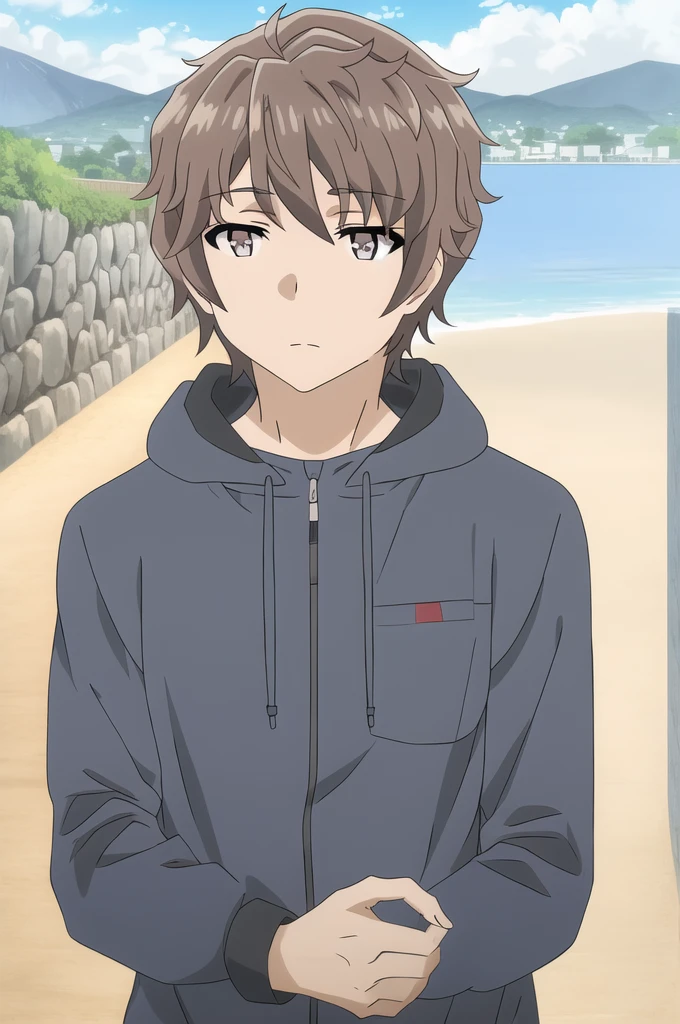 azusagawa sakuta, 1boy, male focus, solo, brown hair, brown eyes, upper body, looking at viewer, cloud, blue sky, closed mouth, motercycle outfit, outdoors, long sleeves, hood down,