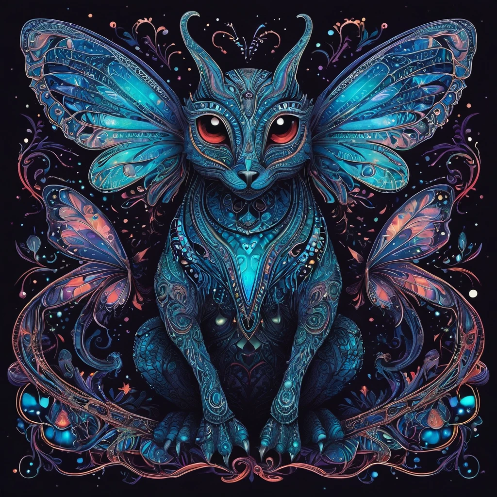 Create a visually stunning and captivating representation of never-before-seen magical creatures from Mars. These creatures are both cute and dark, with a unique bioluminescent quality. The design should incorporate elements of zentangle art, with intricate and mesmerizing patterns. The creatures should appear in a 3D format, with a cinematically-inspired background. Emphasize the mysterious and awe-inspiring nature of these creatures through the use of dark colors and contrasting bioluminescent zentangle lines. The final result should be a mesmerizing and otherworldly depiction of these unknown beings from the red planet.
