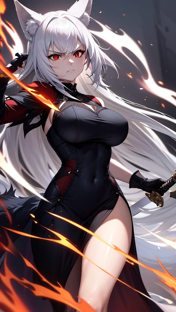 An adult woman half fox and wolf, wide breasts, red eyes, white hair, very angry, in a black little open dress, holding a sword