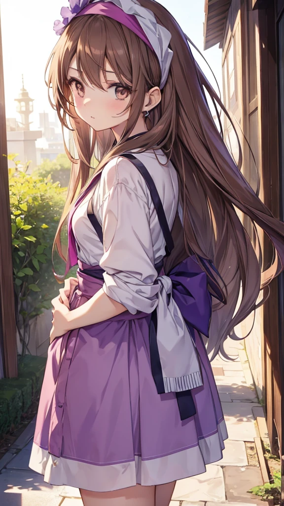 An anime girl in a lavender Clan outfit, with long, loose brown hair and brown eyes and a bandana on her forehead