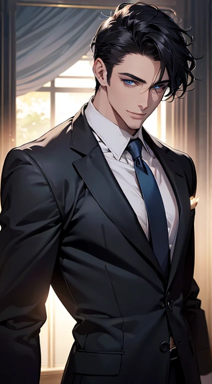 (best quality, masterpiece, 8K, photorealistic, cinematic lighting, hdr image, ultra detailed, beautiful image), a mature man, very handsome, smile, short black hair, blue eyes, perfect face without errors, ((buttoning the jacket, CEO))