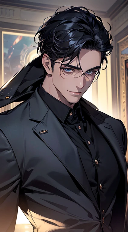 (best quality, masterpiece, 8K, photorealistic, cinematic lighting, hdr image, ultra detailed, beautiful image), a mature man, very handsome, smile, short black hair, blue eyes, perfect face without errors, ((buttoning the jacket, CEO))