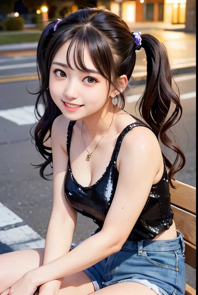 (Highest quality,masterpiece:1.3,Ultra-high resolution),(Very detailedな、Caustics) (Photorealistic:1.4, RAW shooting、)Ultra-Realistic Capture、Very detailed、Natural skin texture、masterpiece、(Sequin tank top and short denim pants:1.3)、1 Japanese girl、Adorable expression、Expressions of Happiness、、Young Face、Surprisingly cute、Twin tails、Curly Hair、Black Hair、Scrunchie、Earrings、necklace、light makeup、A big bust that seems to burst、This photo was taken on a busy street at night..、Shining thighs、Sit on a bench on the sidewalk、Shooting from the side、smile、An inviting gaze、
