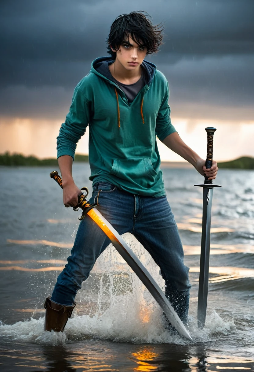 1boy, 18yo, fair skinned, short, messy black hair, green eyes, torrential waters, dark and stormy skies, lightning, standing in the water, wearing an orange t-shirt with blue jeans, grey hoodie jacket, (holding a Greek Xiphos sword with a glowing bronze blade: 1.3)