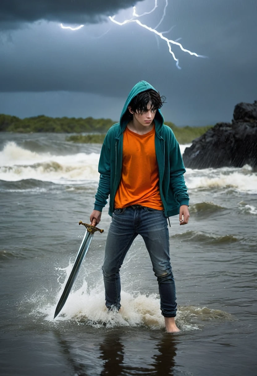 1boy, 18yo, fair skinned, short, messy black hair, green eyes, torrential waters, dark and stormy skies, lightning, standing in the water, wearing an orange t-shirt with blue jeans, grey hoodie jacket, (holding a Greek Xiphos sword with a glowing bronze blade: 1.3)