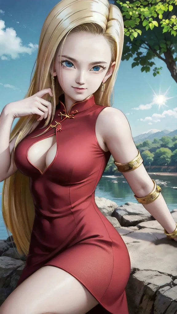 android 18,blonde hair,(((long hair))),blue eyes,(long slit red sexy cheongsam), (Red),looking at the audience,face smile,close-up portrait,river,rock,tree,blue sky,high quality,masterpiece,sexy body, sexy Red Dress, red,perfect big breasts