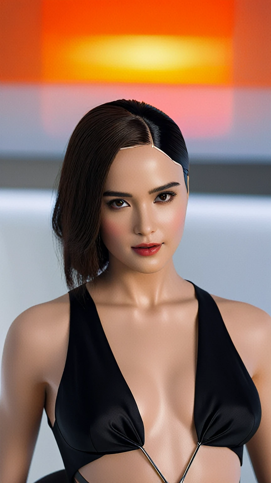 "Design a stunning and alluring sexy female humanoid AI robot inspired by the film Ex Machina. The robot should have a face resembling that of an extremely gorgeous lady, with human-like, realistic skin. Ensure that the skin texture is detailed and beautiful, capturing the essence of a woman's beauty intertwined with advanced AI technology."