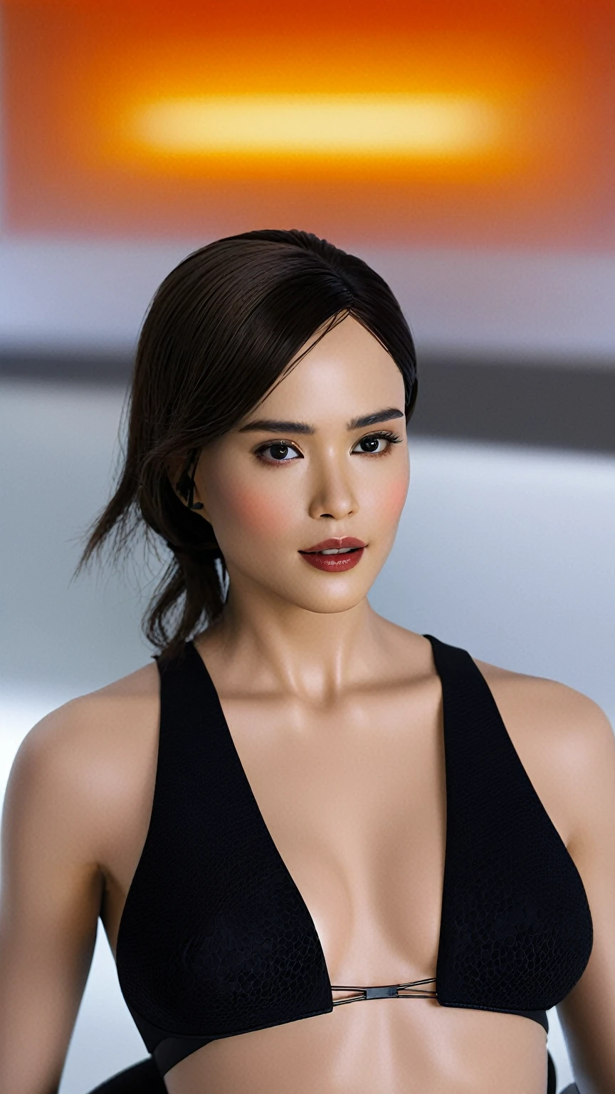 "Design a stunning and alluring sexy female humanoid AI robot inspired by the film Ex Machina. The robot should have a face resembling that of an extremely gorgeous lady, with human-like, realistic skin. Ensure that the skin texture is detailed and beautiful, capturing the essence of a woman's beauty intertwined with advanced AI technology."
