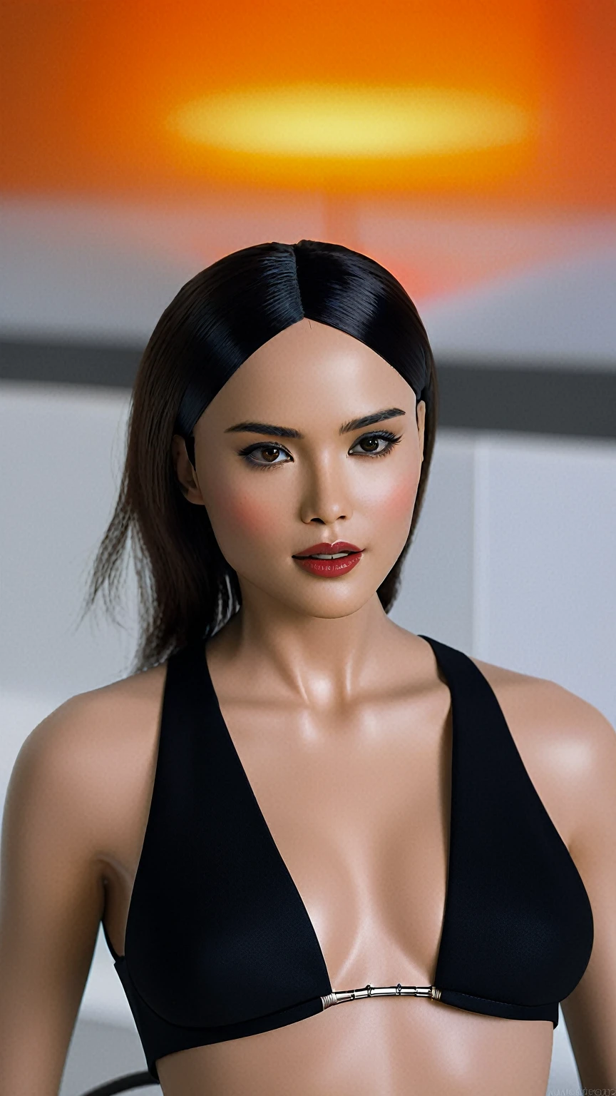 "Design a stunning and alluring sexy female humanoid AI robot inspired by the film Ex Machina. The robot should have a face resembling that of an extremely gorgeous lady, with human-like, realistic skin. Ensure that the skin texture is detailed and beautiful, capturing the essence of a woman's beauty intertwined with advanced AI technology."