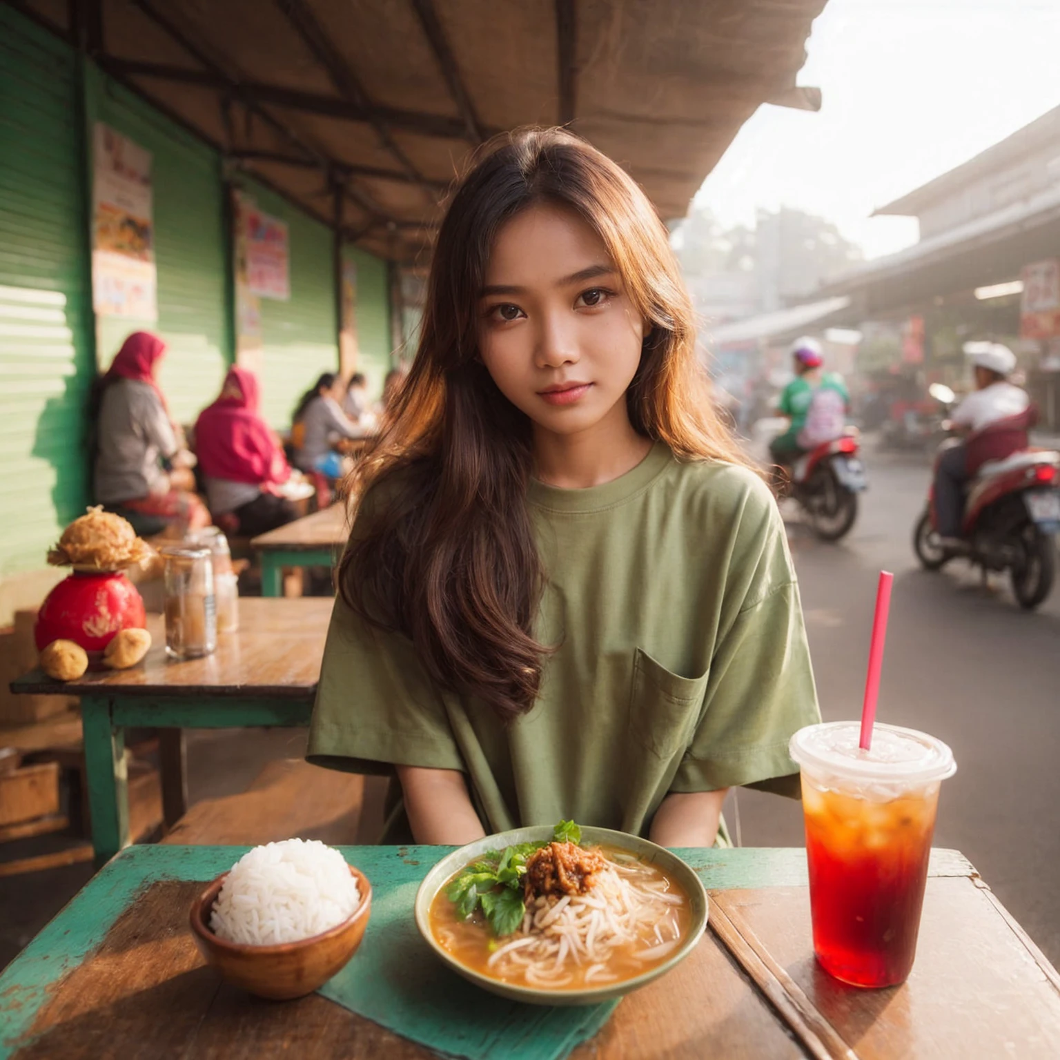A beautiful young Indonesian girl, sitting and eating at a food stall in Surabaya city, Indonesia. On the table, there is already food: soto, a plate with a bit of rice, and iced tea. She is wearing an oversized green t-shirt, realistic, UHD, 8K.