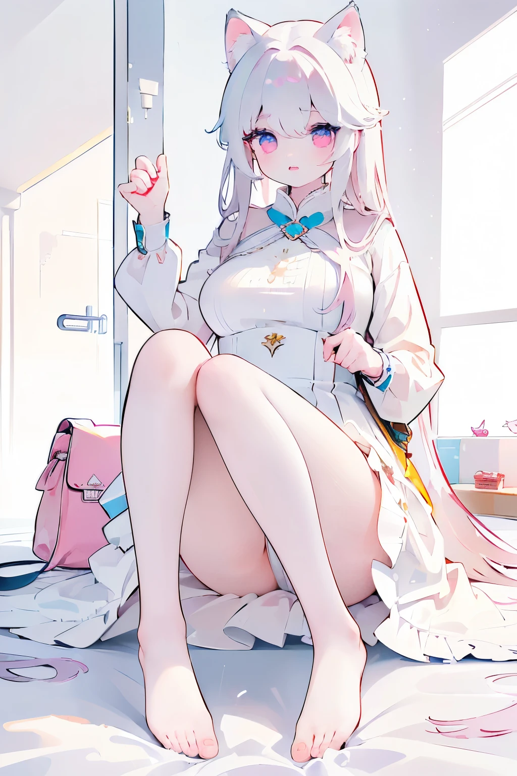 Tsundere 18 year old girl, beautiful and delicate eyes, beautiful lips, very detailed 눈과 얼굴, long eyelashes, 1girl, white cat ears, foot long bag, Front view, Red-eye, (top quality, 4K, 8K, high resolution, masterpiece:1.2), very detailed, (realistic인, realistic인, realistic인, realistic인, realistic: 1.37), very large breasts, elegant, fantasy, white background, cat pose, sexy