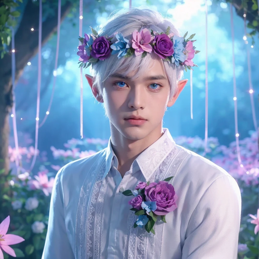 Handsome boy, white hair, blue eyes, wearing pink and light blue flower crown, wearing white barong tagalog, elf ear, "surrounded by light blue, pink, and purple light, magic forest background