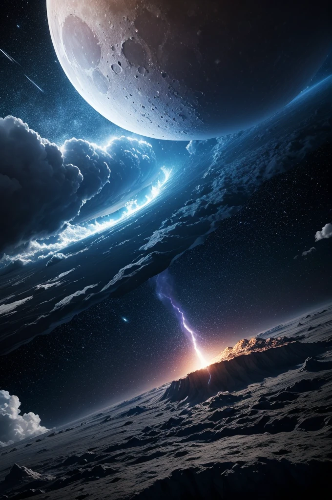 Create the moon and the earth next to each other and create an explosion with a huge storm 