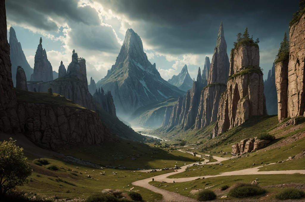 inspiré de Tolkien, À la manière de John Howe, detailed fantasy landscape, enchanted forests, majestic mountains, epic battles, dangerous dungeons, forteresse militaire cachée, cinematic lighting, dramatic atmosphere, hyper realistic, 8k, cinematic, award winning, masterpiece, intricate details, vivid colors, dramatic shadows, volumetric lighting, ultra-detailed, photorealistic, intricate details, impeccable textures, seamless composition, mesmerizing