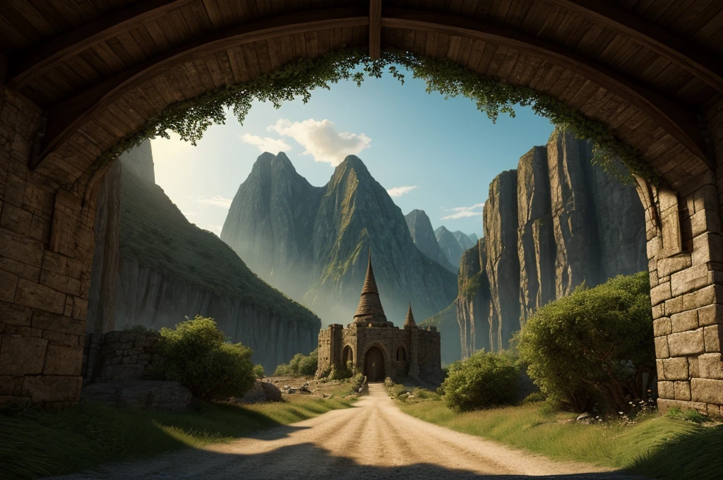inspiré de Tolkien, À la manière de John Howe, detailed fantasy landscape, enchanted forests, majestic mountains, epic battles, dangerous dungeons, forteresse militaire cachée, cinematic lighting, dramatic atmosphere, hyper realistic, 8k, cinematic, award winning, masterpiece, intricate details, vivid colors, dramatic shadows, volumetric lighting, ultra-detailed, photorealistic, intricate details, impeccable textures, seamless composition, mesmerizing